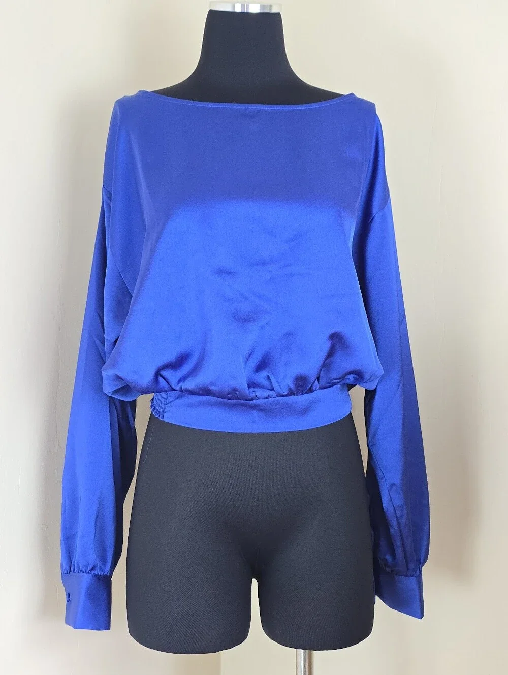 LOFT Sapphire Blue Satin Cropped Bubble Hem Long Sleeve Blouse NEW L